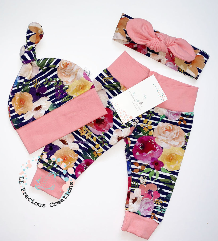 Wildflower Organic Baby Leggings Headband Hat Outfit by LL Precious Creations #organicbabyoutfit #organicleggings #floralbabypants #wildfloweroutfit #stripedbabyleggings #cominghomeoutfit #newbornbabygirl #babygift #babyshowergift #llpreciouscreations 