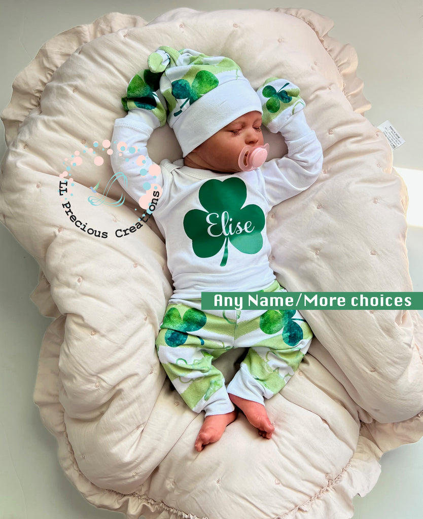 Shamrock St.Patricks Day Personalized Baby Outfit by LL Precious Creations, Newborn Baby Outfit, Baby's First St. Petes #llpreciouscreations #newbornbaby #babysfirststpetes #1stStPatricksBaby #Cominghomeoutfit #personalizedoutfit #greenstripes #shamrockbaby #handmade #newbornbabyoutfit