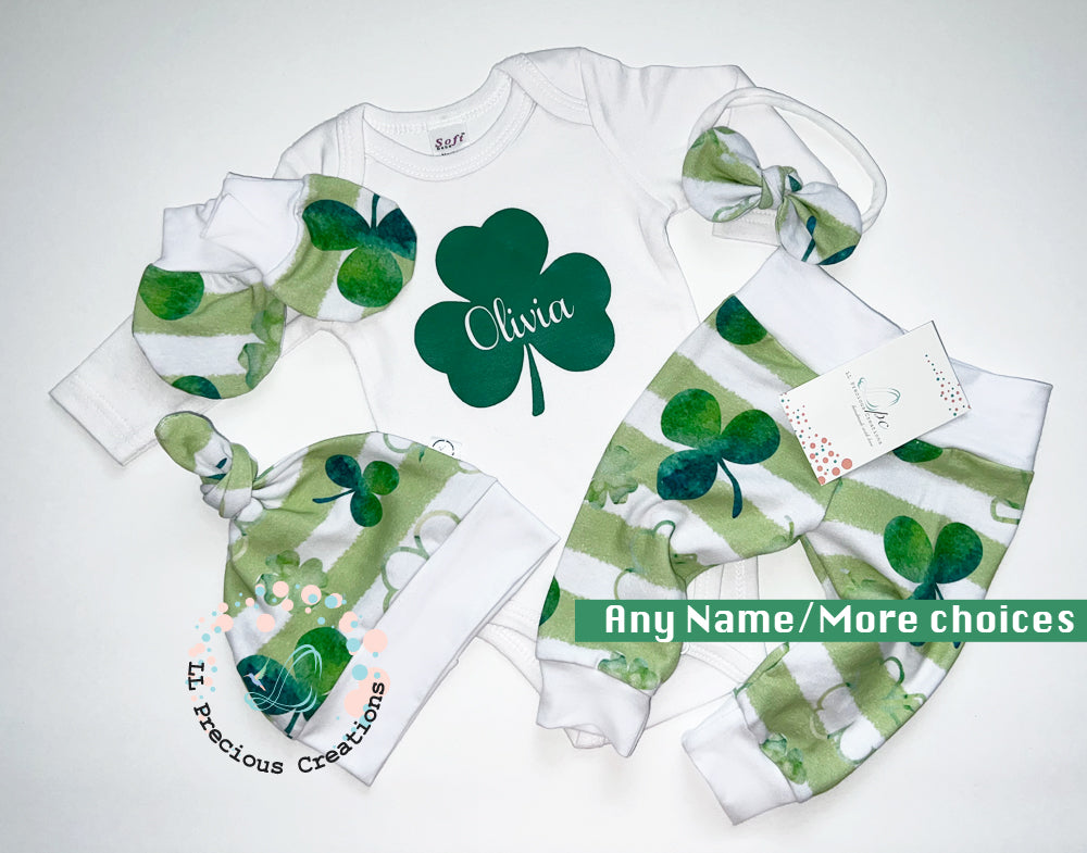 Shamrock St.Patricks Day Personalized Baby Outfit by LL Precious Creations, Newborn Baby Outfit, Baby's First St. Petes #llpreciouscreations #newbornbaby #babysfirststpetes #1stStPatricksBaby #Cominghomeoutfit #personalizedoutfit #greenstripes #shamrockbaby #handmade #newbornbabyoutfit