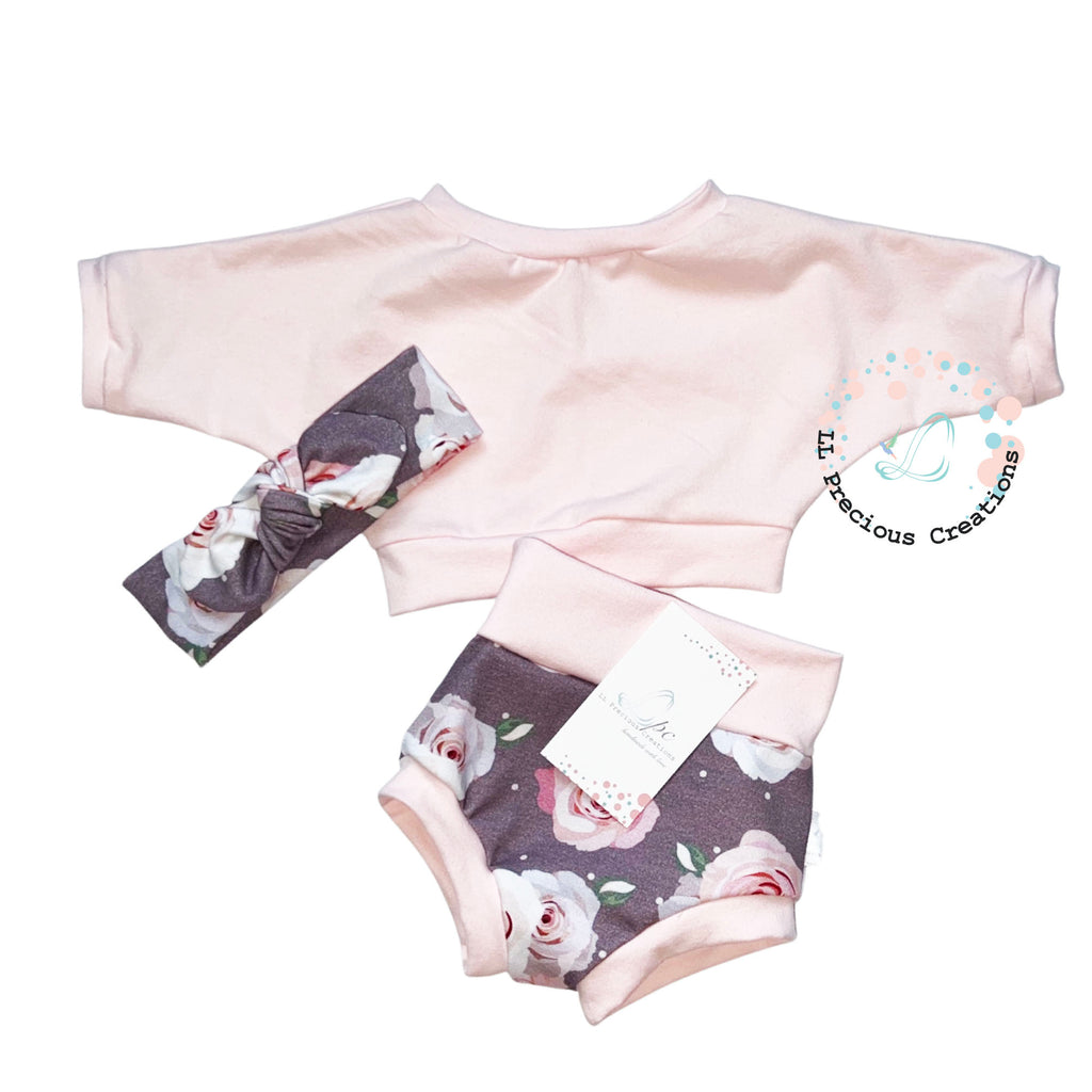 Blush Rose Baby Girl Bummies Headband Mitts by LL Precious Creations #highwaistbummies #babybummies #mauvebabyshorts #newbornbabyoutfit #floralbabyshorts #loungeset #summerbabyoutfit #handmade #ootk #babygirlfashion #babygift #babyshowergift #babyheadband #noscratchmitts #blushoutfit #croptop #babycroptop #llpreciouscreations