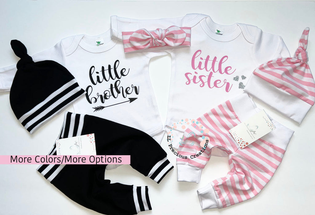 Twin Matching Coming Home Outfits Little Brother Little Sister LLPreciouscreations #llpreciouscreations #littlesister #littlebrother #twins #newborntwins #babyboyoutfit #babygirloutfit #cominghomeoutfit #personalizedoutfit #newborntwins #babygift #babyshowergift #hospitalbabyoutfit #handmade #boygirltwins #matchingbabyoutfits #siblingoutfits #babyclothes