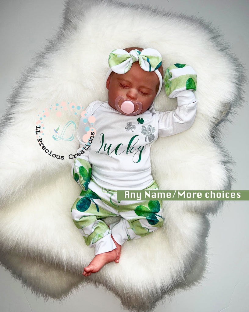 Shamrock St.Patricks Day Personalized Baby Outfit by LL Precious Creations, Newborn Baby Outfit, Baby's First St. Petes #llpreciouscreations #newbornbaby #babysfirststpetes #1stStPatricksBaby #Cominghomeoutfit #personalizedoutfit #greenstripes #shamrockbaby #handmade #newbornbabyoutfit