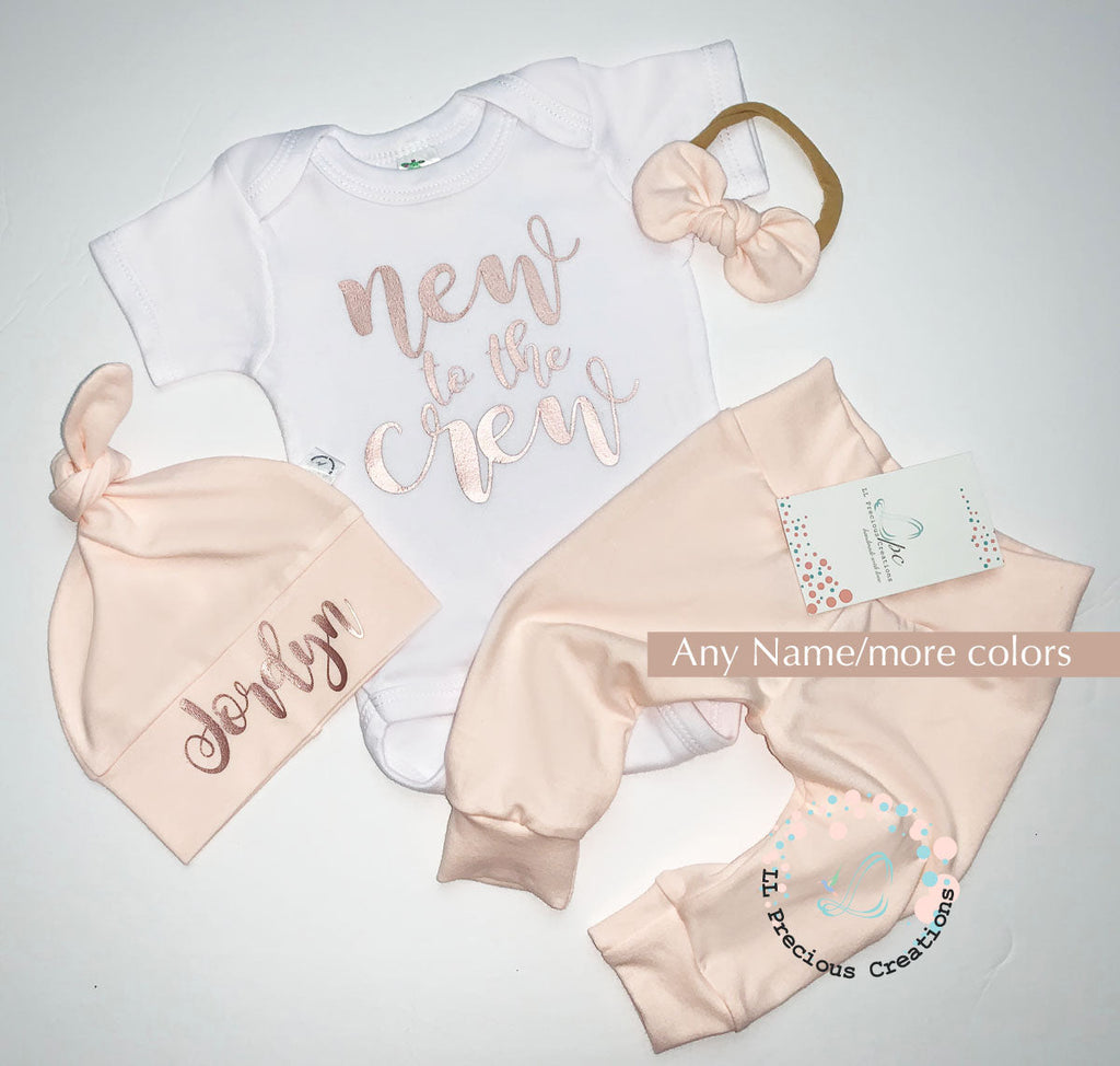 Personalized Baby Girl Coming Home Outfit New to the Crew Any Solid Color