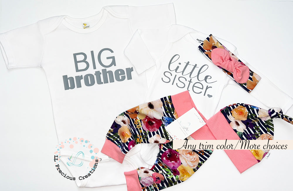 Matching sibling Little Sister Organic floral outfit Big Brother shirt LL Precious Creations #llpreciouscreations