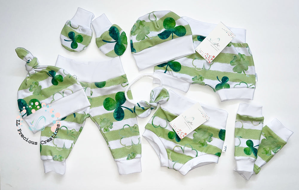 Shamrock St.Patricks Day Personalized Baby Outfit by LL Precious Creations, Newborn Baby Outfit, Baby's First St. Petes #llpreciouscreations #newbornbaby #babysfirststpetes #1stStPatricksBaby #Cominghomeoutfit #personalizedoutfit #greenstripes #shamrockbaby #handmade #newbornbabyoutfit