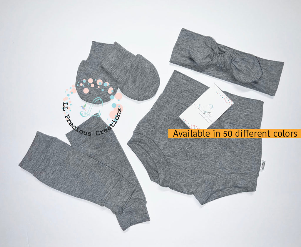 Grey Baby Girl High Waist Bummies Headband Mitts by LL Precious Creations #highwaistbummies #babybummies #babygirlshorts #babylegwarmers #babyheadband #noscratchmitts #solidcoloroutfit #babygift #babyshowergift #newbabygift #momtobegift #newbornbabyoutfit #greybabyshorts #summerbabyoutfit #handmade #ootk #babygirlfashion #babygift #babyshowergift #babyheadband #noscratchmitts #llpreciouscreations