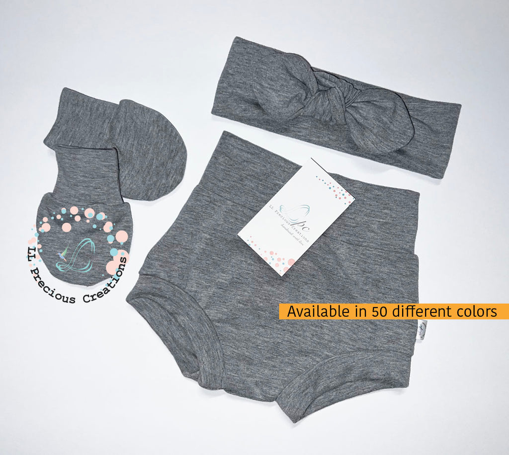 Grey Baby Girl High Waist Bummies Headband Mitts by LL Precious Creations #highwaistbummies #babybummies #babygirlshorts #babylegwarmers #babyheadband #noscratchmitts #solidcoloroutfit #babygift #babyshowergift #newbabygift #momtobegift #newbornbabyoutfit #greybabyshorts #summerbabyoutfit #handmade #ootk #babygirlfashion #babygift #babyshowergift #babyheadband #noscratchmitts #llpreciouscreations