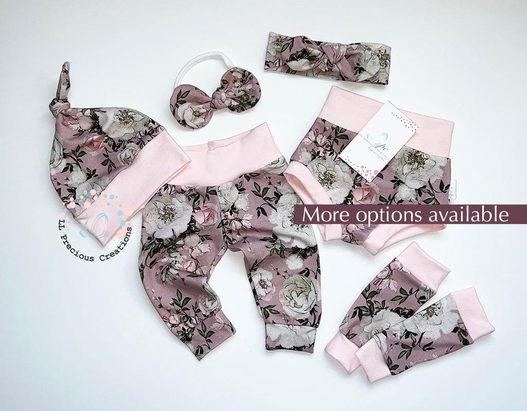 Pink Floral Baby Girl Bummies Headband Mitts by LL Precious Creations #highwaistbummies #babybummies #vintagefloralbabyshorts #newbornbabyoutfit #floralbabyshorts #summerbabyoutfit #handmade #ootk #babygirlfashion #babygift #babyshowergift #babyheadband #noscratchmitts #llpreciouscreations