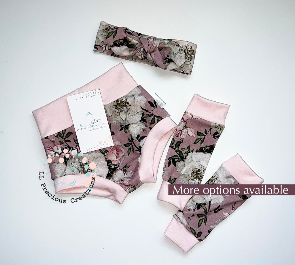 Floral Baby Girl Bummies Headband Mitts by LL Precious Creations #highwaistbummies #babybummies #vintagefloralbabyshorts #newbornbabyoutfit #floralbabyshorts #summerbabyoutfit #handmade #ootk #babygirlfashion #babygift #babyshowergift #babyheadband #noscratchmitts #llpreciouscreations