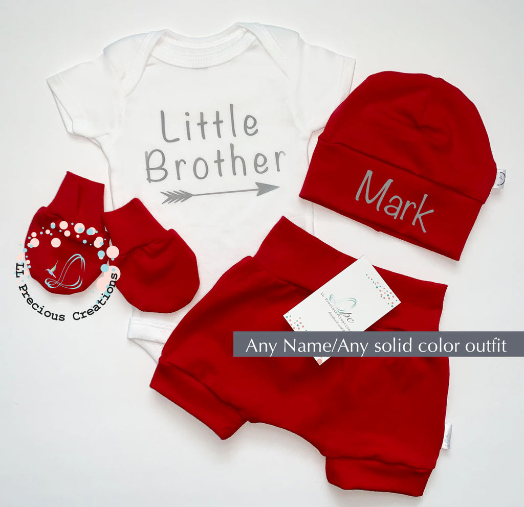 Little Brother Newborn Baby Boy Shorts Outfit Baby Shower Gift #llpreciouscreations #littlebrother #haremshorts #personalizedoutfit #redbabyoutfit #babyboy #newbornbabyboy #cominghomeoutfit #babygift #littleboyoutfit #handmade #babyfashion #highqualityclothes