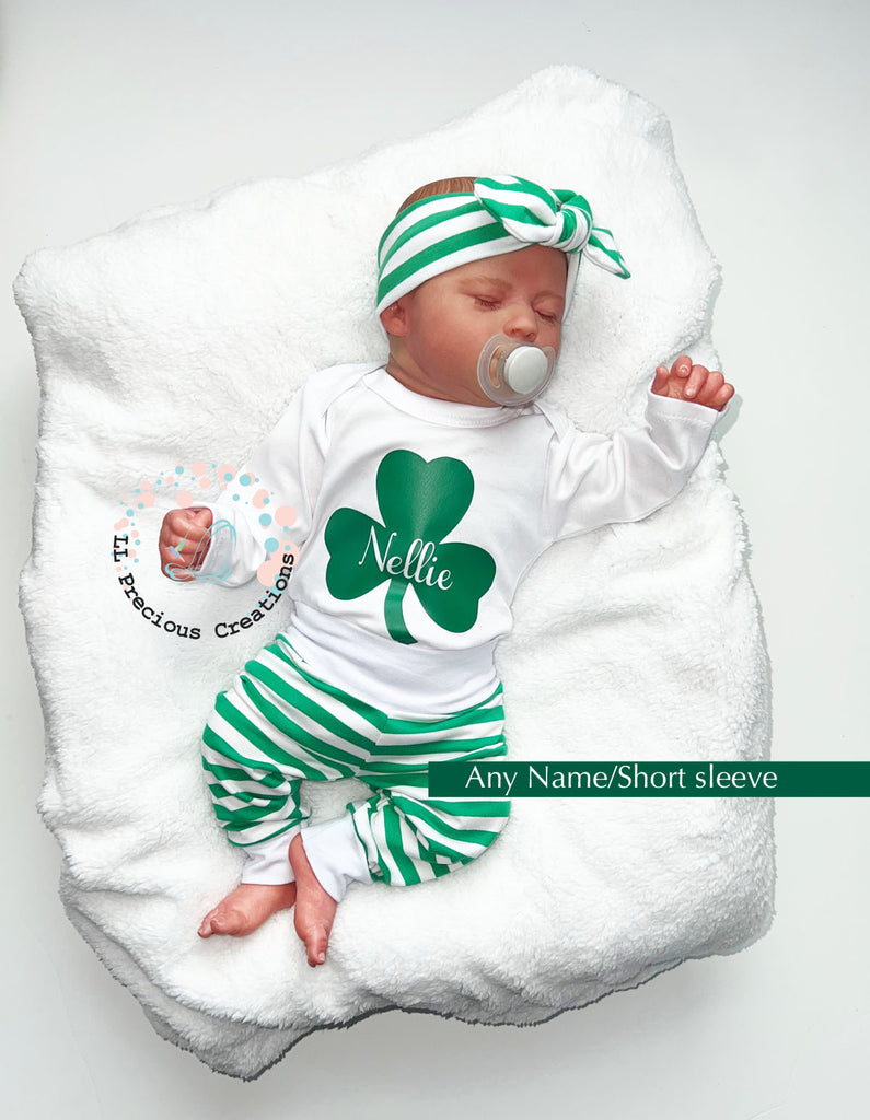 Shamrock St.Patricks Day Personalized Baby Outfit by LL Precious Creations, Newborn Baby Outfit, Baby's First St. Petes #llpreciouscreations #newbornbaby #babysfirststpetes #1stStPatricksBaby #Cominghomeoutfit #personalizedoutfit #greenstripes #shamrockbaby #handmade #newbornbabyoutfit  