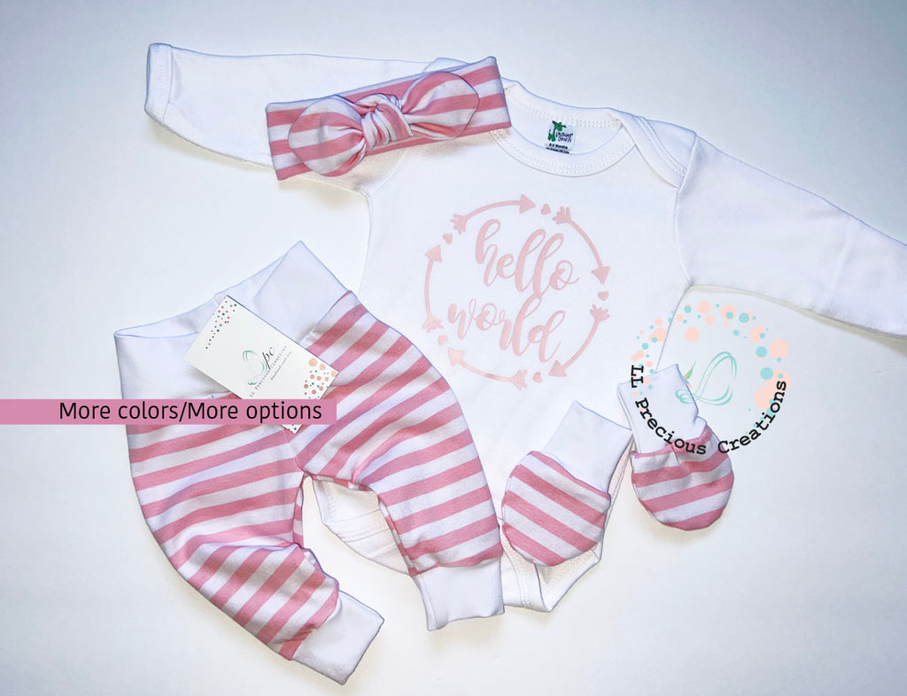 Pink Stripes Hello World Newborn Baby Girl Coming Home Outfit  #llpreciouscreations #helloworld #cominghomeoutfit #babygift #babyshowergift #newbornbabygirl 