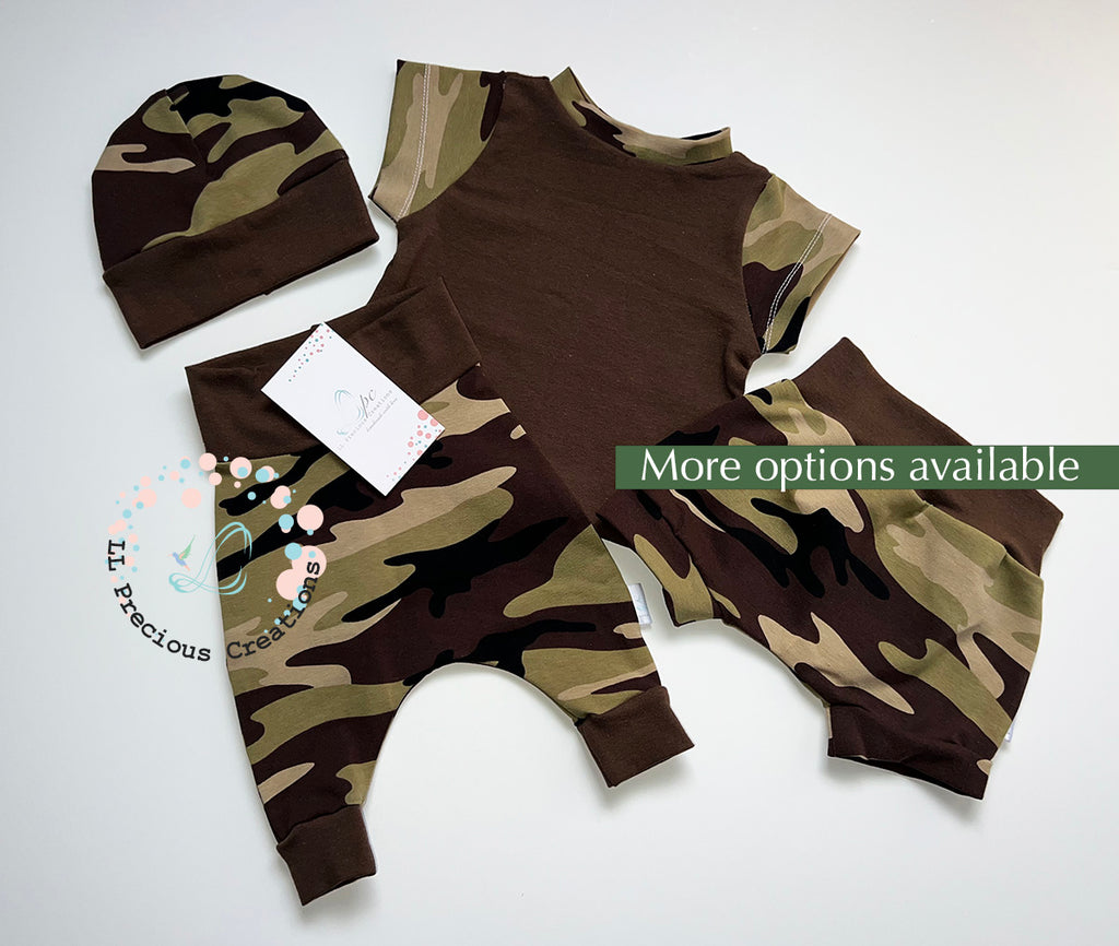 Camouflage Baby Boy Harem Pants Raglan Outfit #llpreciouscreations #babyboyoutfit #newbornbabyboy #brownbabyoutfit #harempants #camouflagebabyoutfit #haremshorts #cominghomeoutfit #toddlerclothes