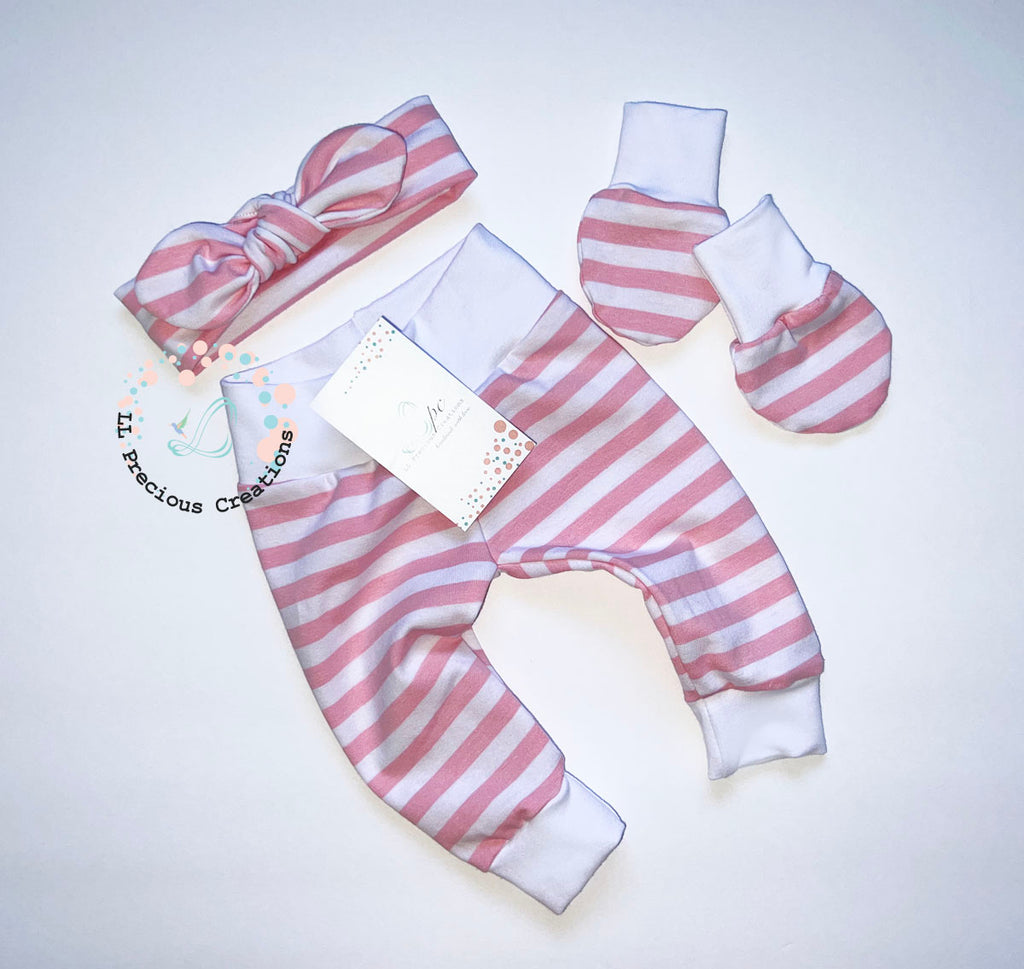 Baby Girl Pink Stripe Leggings Hat Headband Outfit #newbornbabygirl #newborngift #genderneutraloutfit #babyboypants #stipedpants #pinkstripe #cominghomeoutfit #babygirl #babyleggings #babypants #chooseyourcolor #babygirlclothes #llpreciouscreations