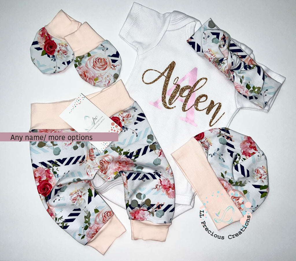 Personalized  Baby Girl Floral Outfit Baby Shower Gift #llpreciouscreations #newbornbabygirl #personalizedbabyoutfit #babygirloutfit #newtothecrew #floralbabyoutfit #highqualityclothes #babyclothes #babyfashion #newbornbabygirl #cominghomeoutfit #babygift #momtobegift