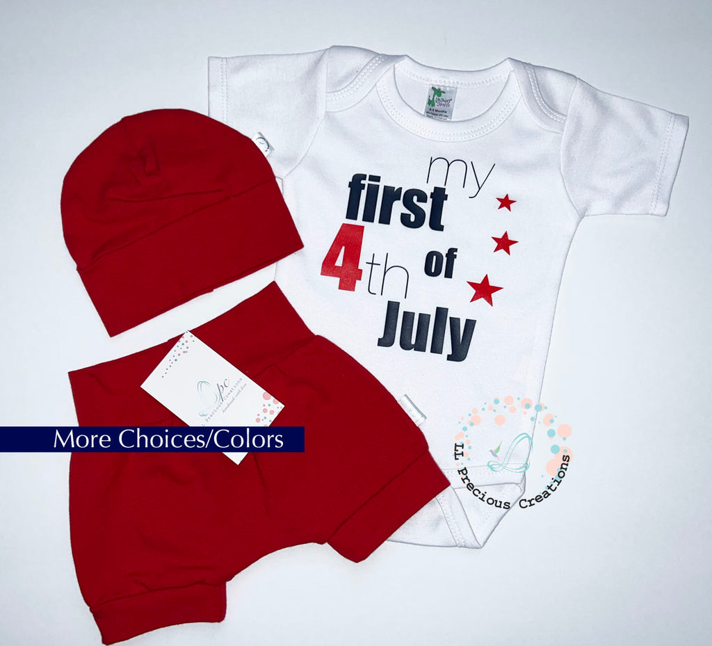 Baby Boy's 1st Fourth of July Independence Outfit Baby's First Patriotic Day outfit #llpreciouscreations #4thofJuly #Independencedayoutfit #babybummies #haremshortsoutfit #babyboyoutfit #redshorts #newbornbabyboy #babyboyharems #redoutfit #redandblue #bluestars #4thofJulybaby #babygirloutfit #babyboyoutfit #redstripes #bluestripes #starsandstripes #cominghomeoutfit #baby'sfirstof4t