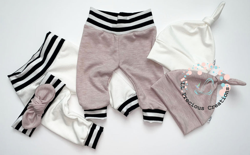 Gender Neutral Baby Leggings Headband Hat Outfit by LL Precious Creations #babyoutfit #whiteleggings #solidcolorleggings #babypants #newbornbabyoutfit #babygirloutfit #babyboyoutfit #babyboypants #babyleggings #blackstripespants #cominghomeoutfit #newbornbabygirl #babygift #babyshowergift #llpreciouscreations