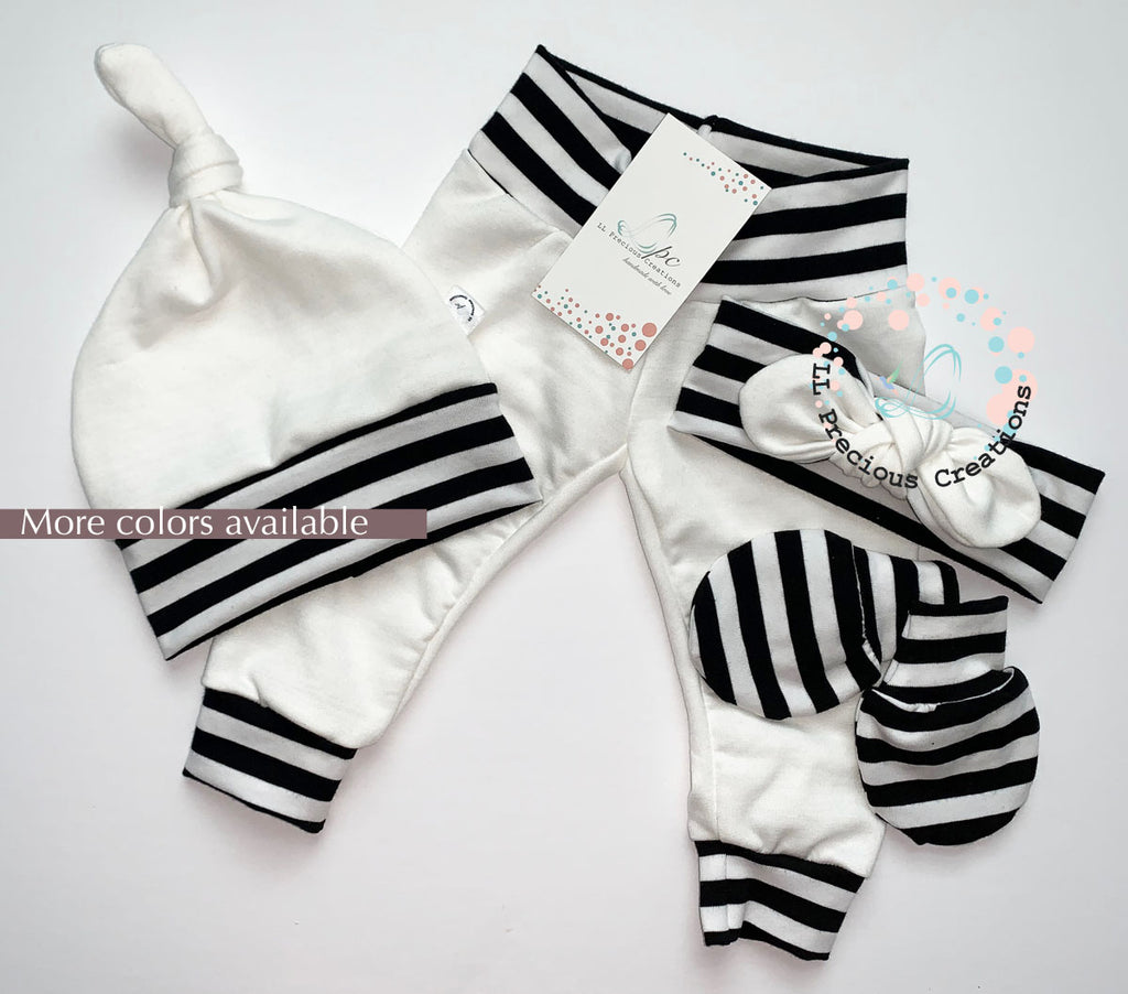 Gender Neutral Baby Leggings Headband Hat Outfit by LL Precious Creations #babyoutfit #whiteleggings #solidcolorleggings #babypants #newbornbabyoutfit #babygirloutfit #babyboyoutfit #babyboypants #babyleggings #blackstripespants #cominghomeoutfit #newbornbabygirl #babygift #babyshowergift #llpreciouscreations