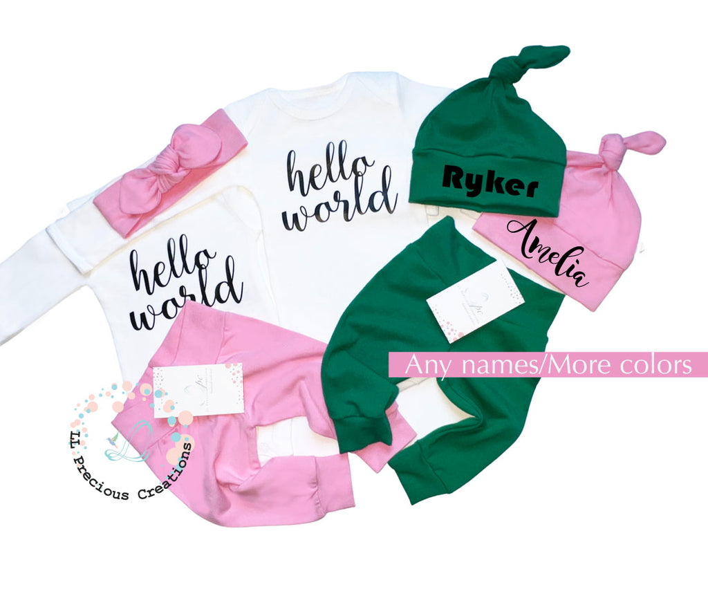 Hello World Personalized Gender Neutral Twin Matching Newborn Coming Home Outfits #llpreciouscreations #newborntwins #helloworld #newborntwins #newbornbabygirl #newbornbabyboy #personalizedoutfit