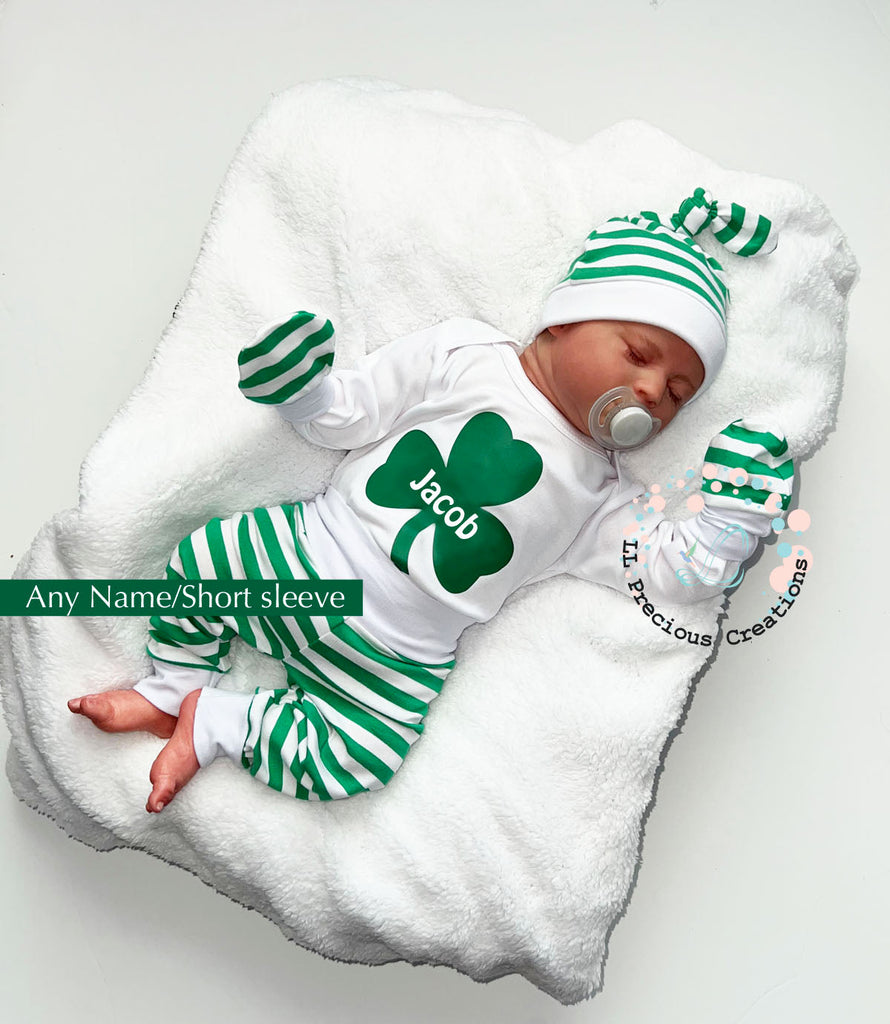 Shamrock St.Patricks Day Personalized Baby Outfit by LL Precious Creations, Newborn Baby Outfit, Baby's First St. Petes #llpreciouscreations #newbornbaby #babysfirststpetes #1stStPatricksBaby #Cominghomeoutfit #personalizedoutfit #greenstripes #shamrockbaby #handmade #newbornbabyoutfit  