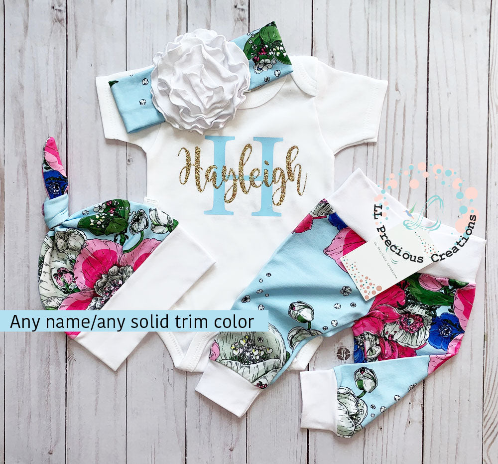 Personalized newborn baby girl outfit Blue floral baby girl set Coming home outfit LL Precious Creations