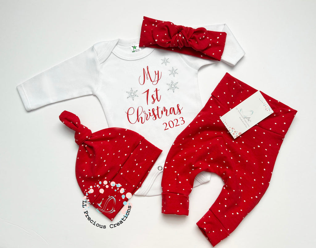 My 1st Christmas 2023 Baby's First Christmas Red Polka Dot Outfit LL Precious Creations #llpreciouscreations #christmasbabyoutfit #baby's1stchristmas #newbornclothes