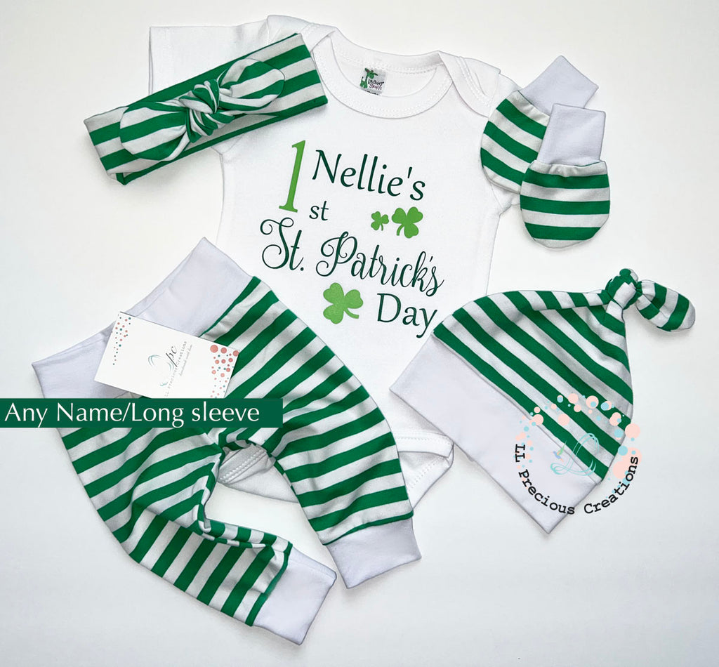 Shamrock St.Patricks Day Personalized Baby Outfit by LL Precious Creations, Newborn Baby Outfit, Baby's First St. Petes #llpreciouscreations #newbornbaby #babysfirststpetes #1stStPatricksBaby #Cominghomeoutfit #personalizedoutfit #greenstripes #shamrockbaby #handmade #newbornbabyoutfit  