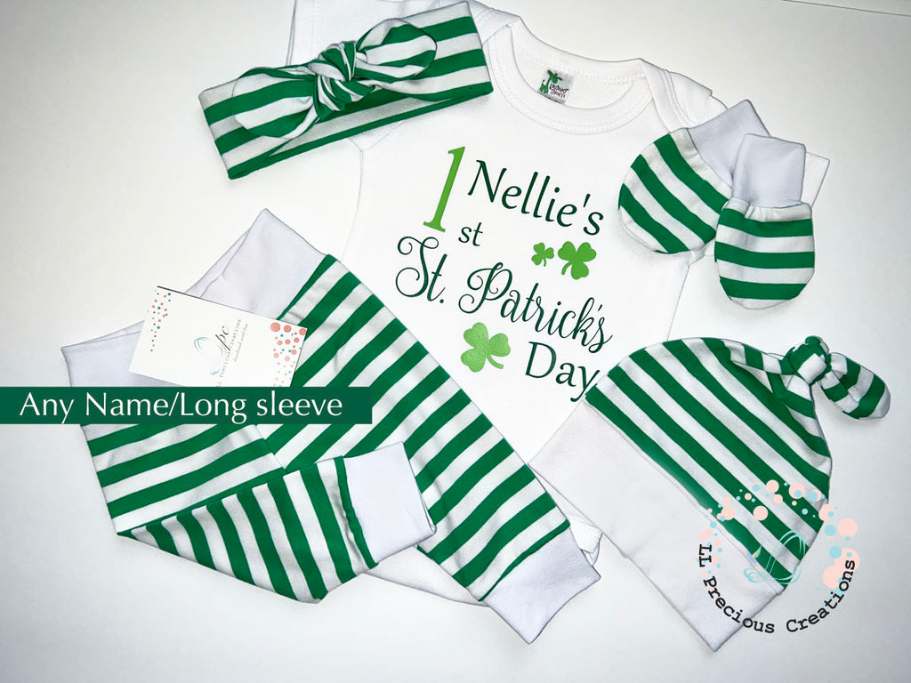 Shamrock St.Patrick's Day Personalized Baby Outfit by LL Precious Creations, Newborn Baby Outfit, Baby's First St. Petes #llpreciouscreations #newbornbaby #babysfirststpetes #1stStPatricksBaby #Cominghomeoutfit #personalizedoutfit #greenstripes #shamrockbaby #handmade #newbornbabyoutfit  