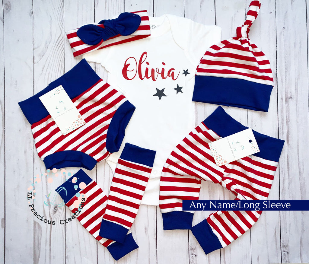 Baby's 1st Fourth of July Independence Gender Neutral Personalized Outfit Baby's First Patriotic Day outfit #llpreciouscreations #4thofJuly #Independencedayoutfit #babybummies #highwaistbummies #legwarmers #redandblue #bluestars #4thofJulybaby #babygirloutfit #babyboyoutfit #redstripes #bluestripes #starsandstripes #cominghomeoutfit #baby'sfirstof4t