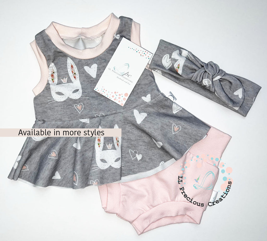 #llpreciouscreations Grey Bunny Baby Girl Peplum High Waist Bummie Outfit Set 