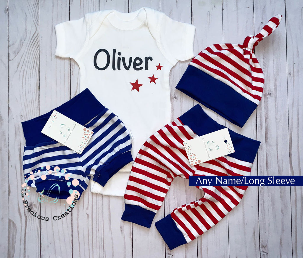 Personalized Patriotic Red Stripes 4th of July Gender Neutral outfit Baby's First Independence Day outfit #llpreciouscreations #4thofJuly #Independencedayoutfit #4thofJulybaby #babygirloutfit #babyboyoutfit #redstripes #bluestripes #starsandstripes #cominghomeoutfit #baby'sfirstof4th 