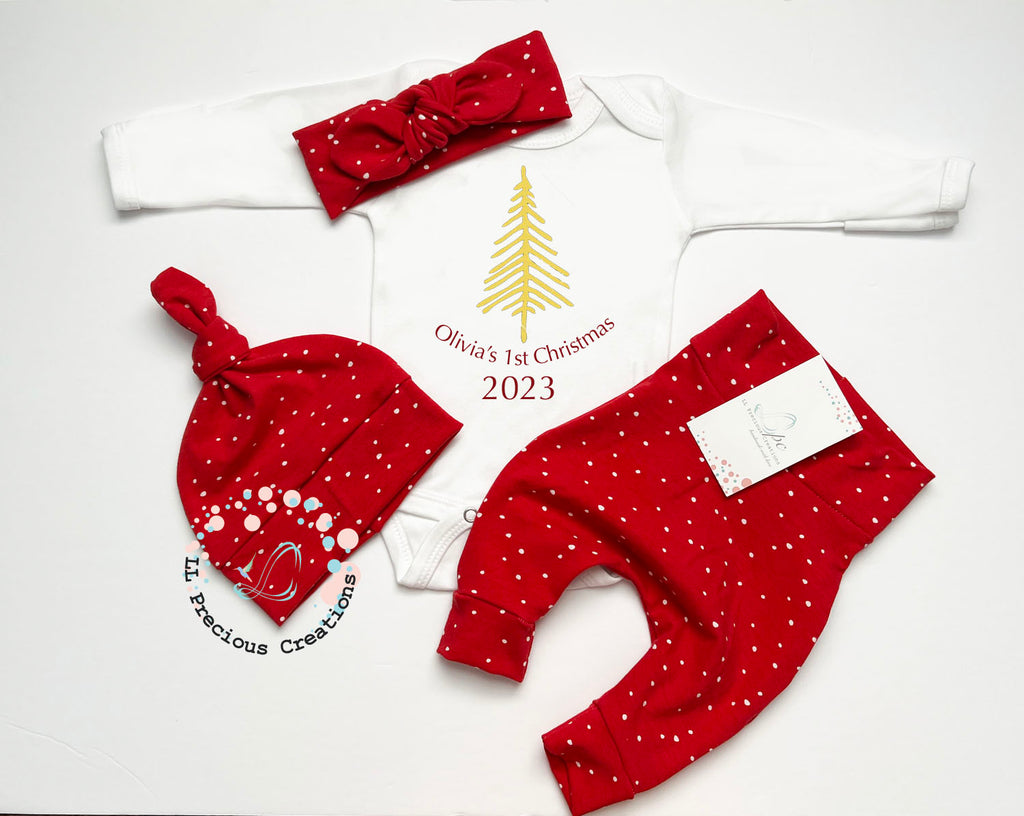 Baby's First Christmas Personalized Polka Dot Outfit LL Precious Creations #llpreciouscreations #christmasbabyoutfit #baby's1stchristmas #newbornclothes