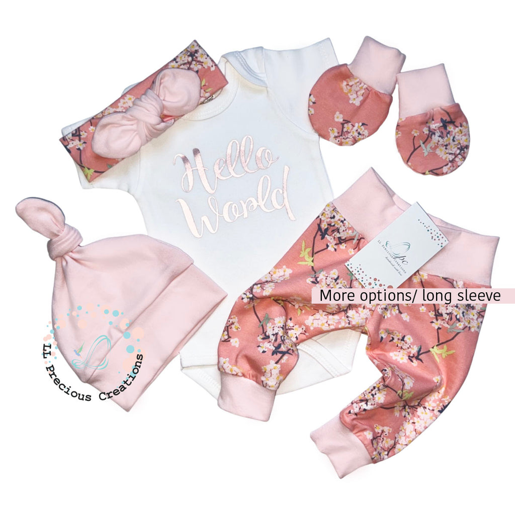 Hello World Cherry Blossom Blush Newborn Baby Girl Coming Home Outfit Set #llpreciouscreations