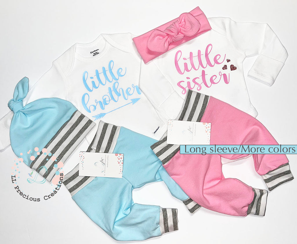 Twin Matching Coming Home Outfits Little Brother Little Sister LLPreciouscreations #llpreciouscreations #littlesister #littlebrother #twins #newborntwins #babyboyoutfit #babygirloutfit #cominghomeoutfit #personalizedoutfit #newborntwins #babygift #babyshowergift #hospitalbabyoutfit #handmade #boygirltwins #matchingbabyoutfits #siblingoutfits #babyclothes