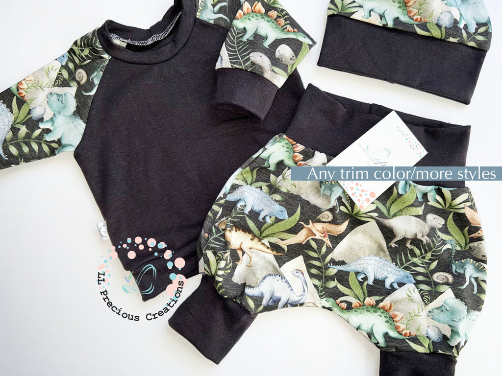 Dinosaurs Organic Baby Boy Harem Raglan Outfit #llpreciouscreations #babyboyoutfit #newbornbabyboy #dinosaursbabyoutfi #harempants #charcoalbabyoutfit