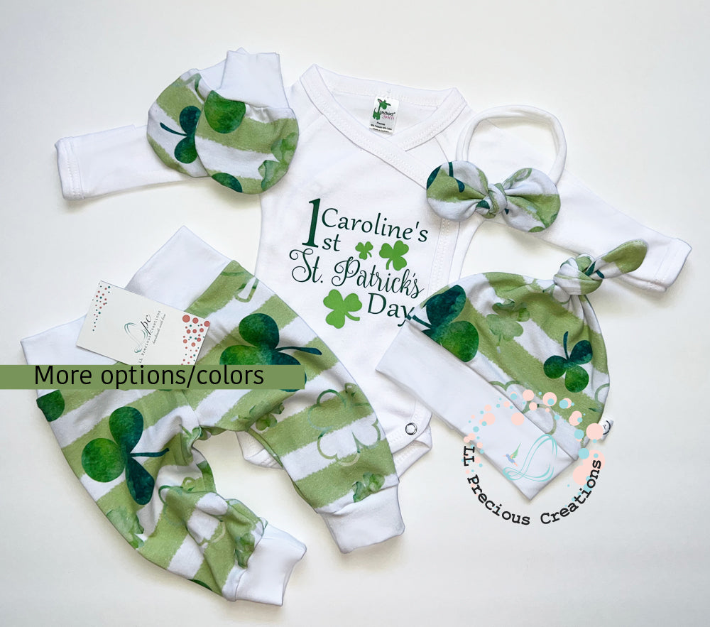 Shamrock St.Patricks Day Personalized Baby Outfit by LL Precious Creations, Newborn Baby Outfit, Baby's First St. Petes #llpreciouscreations #newbornbaby #babysfirststpetes #1stStPatricksBaby #Cominghomeoutfit #personalizedoutfit #greenstripes #shamrockbaby #handmade #newbornbabyoutfit