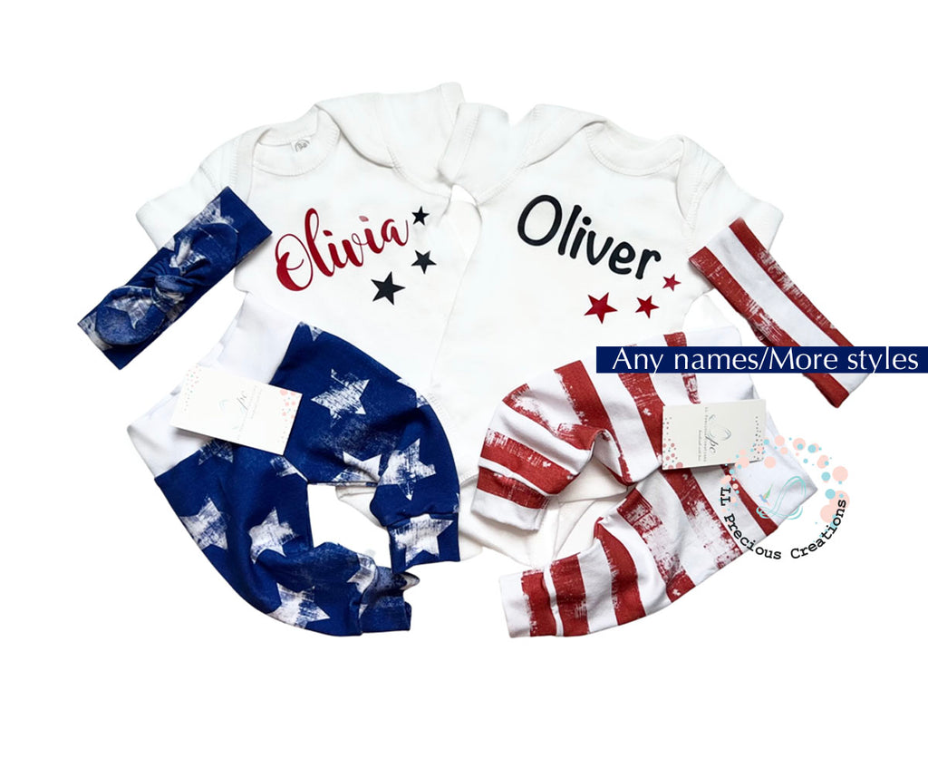 Personalized Patriotic Red Stripes 4th of July Gender Neutral outfit Baby's First Independence Day outfit #llpreciouscreations #4thofJuly #Independencedayoutfit #4thofJulybaby #babygirloutfit #babyboyoutfit #redstripes #bluestripes #starsandstripes #cominghomeoutfit #baby'sfirstof4th 