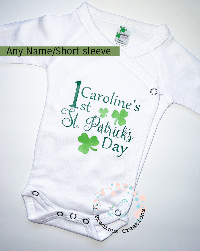 Shamrock St.Patricks Day Personalized Baby Outfit by LL Precious Creations, Newborn Baby Outfit, Baby's First St. Petes #llpreciouscreations #newbornbaby #babysfirststpetes #1stStPatricksBaby #Cominghomeoutfit #personalizedoutfit #greenstripes #shamrockbaby #handmade #newbornbabyoutfit