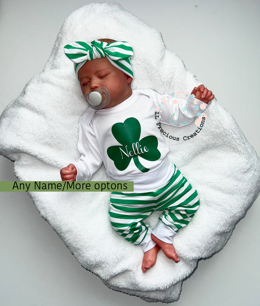 Shamrock St.Patricks Day Personalized Baby Outfit by LL Precious Creations, Newborn Baby Outfit, Baby's First St. Petes #llpreciouscreations #newbornbaby #babysfirststpetes #1stStPatricksBaby #Cominghomeoutfit #personalizedoutfit #greenstripes #shamrockbaby #handmade #newbornbabyoutfit  