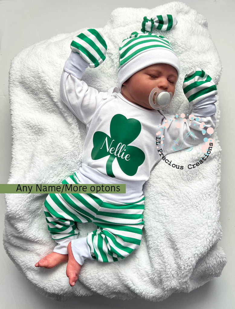 Shamrock St.Patricks Day Personalized Baby Outfit by LL Precious Creations, Newborn Baby Outfit, Baby's First St. Petes #llpreciouscreations #newbornbaby #babysfirststpetes #1stStPatricksBaby #Cominghomeoutfit #personalizedoutfit #greenstripes #shamrockbaby #handmade #newbornbabyoutfit  