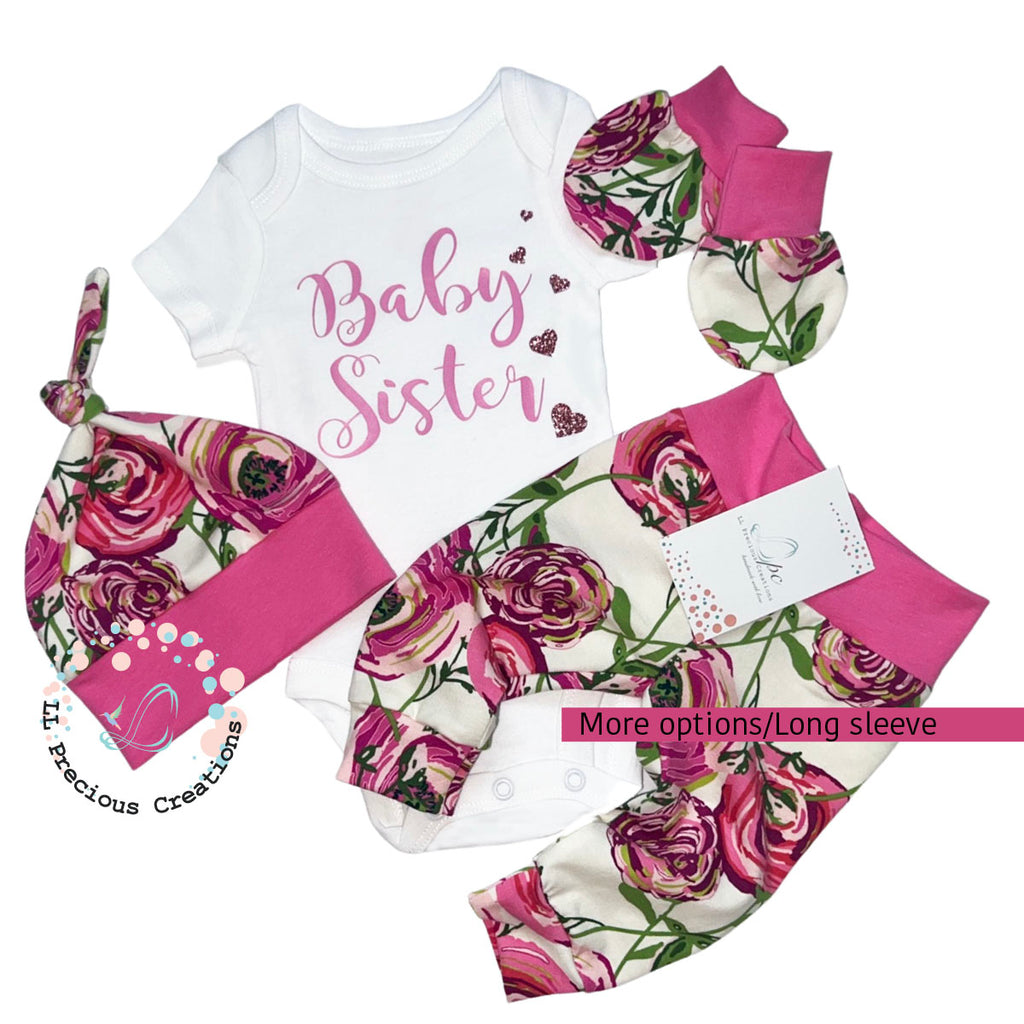 Baby Sister Magenta Roses Newborn Baby Girl Coming Home Outfit Set  LL Precious Creations #floralbabyoutfit #babysister #newbornbabygirl #cominghomeoutfit #babygift #llpreciouscreations