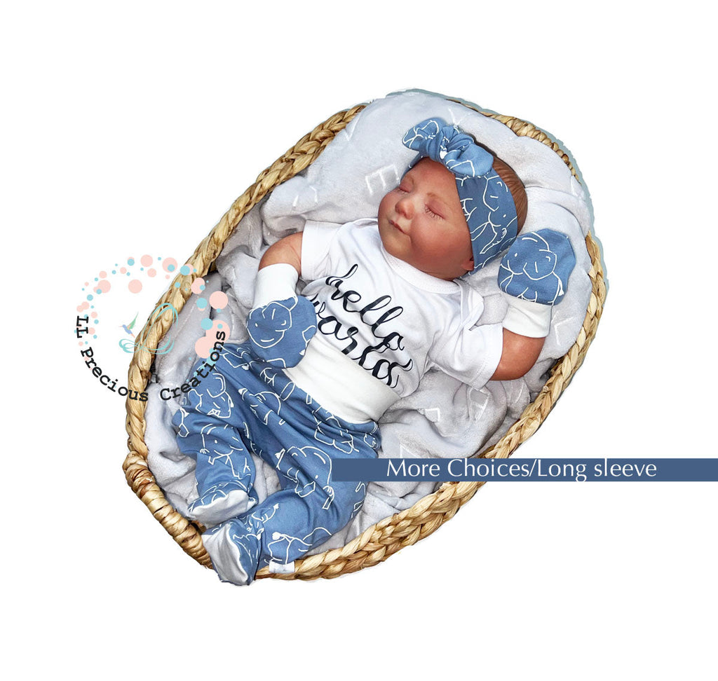 Footed Hello World Newborn Baby Girl Outfit Dusty Blue Elephants Footsie Outfit Gender Neutral Clothes #llpreciouscreations #helloworld #elephantbabyoutfit #babyfootsie #footedbabyleggings #cominghomeoutfit #Newbornbabygirl #newbornbaby #newbornbabyboy #bluebabyoutfit #Cominghomeoutfit