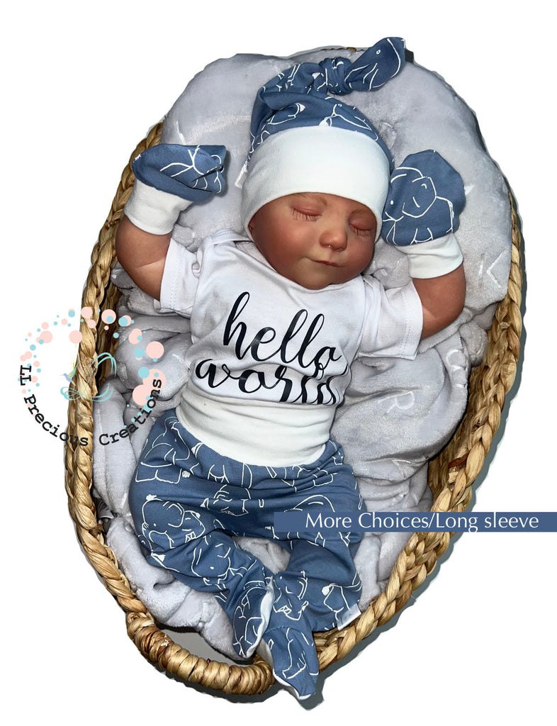 Footed Hello World Newborn Baby Girl Outfit Dusty Blue Elephants Footsie Outfit Gender Neutral Clothes #llpreciouscreations #helloworld #elephantbabyoutfit #babyfootsie #footedbabyleggings #cominghomeoutfit #Newbornbabygirl #newbornbaby #newbornbabyboy #babyshowergift #bluebabyoutfit #Cominghomeoutfit