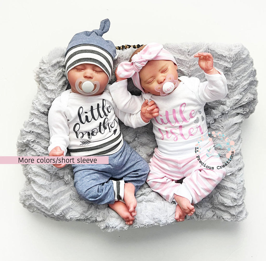 Twin Matching Coming Home Outfits Little Brother Little Sister LLPreciouscreations #llpreciouscreations #littlesister #littlebrother #twins #newborntwins #babyboyoutfit #babygirloutfit #cominghomeoutfit #personalizedoutfit #newborntwins #babygift #babyshowergift #hospitalbabyoutfit #handmade #boygirltwins #matchingbabyoutfits #siblingoutfits #babyclothes