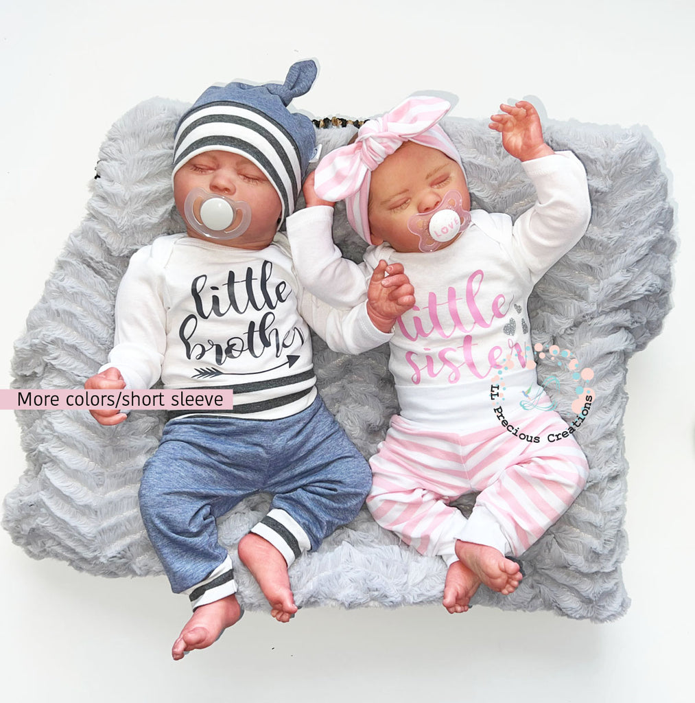 Twin Matching Coming Home Outfits Little Brother Little Sister LLPreciouscreations #llpreciouscreations #littlesister #littlebrother #twins #newborntwins #babyboyoutfit #babygirloutfit #cominghomeoutfit #personalizedoutfit #newborntwins #babygift #babyshowergift #hospitalbabyoutfit #handmade #boygirltwins #matchingbabyoutfits #siblingoutfits #babyclothes