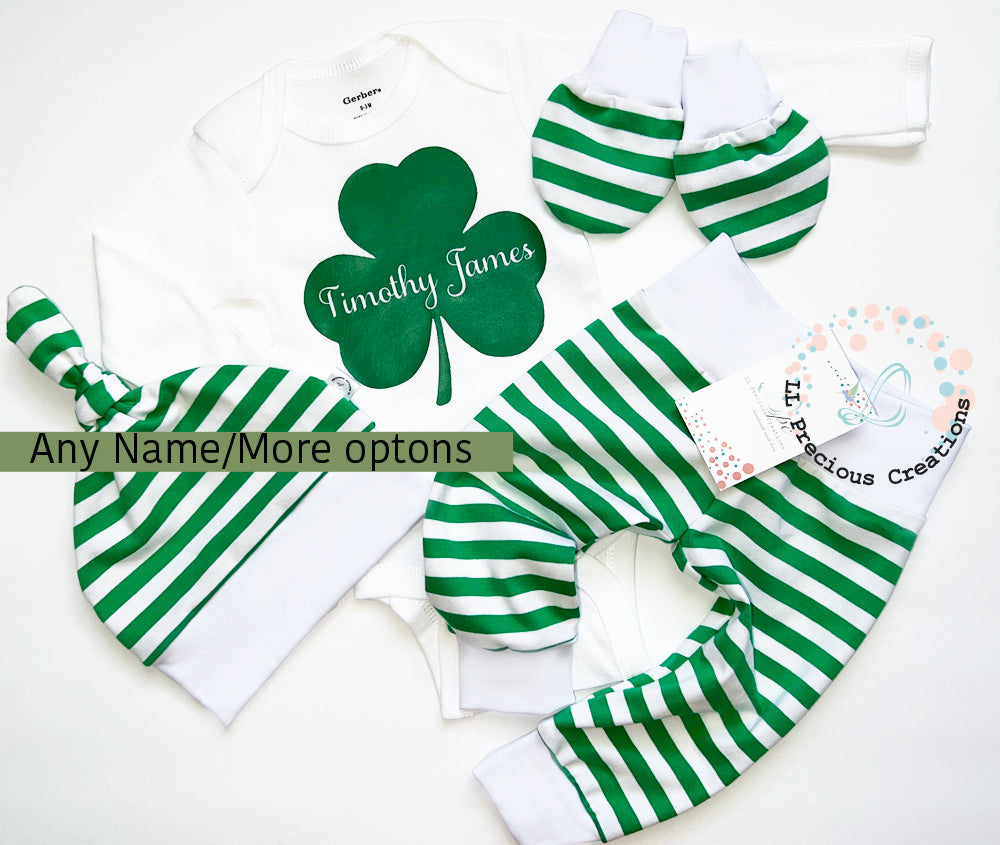 Shamrock St.Patricks Day Personalized Baby Outfit by LL Precious Creations, Newborn Baby Outfit, Baby's First St. Petes #llpreciouscreations #newbornbaby #babysfirststpetes #1stStPatricksBaby #Cominghomeoutfit #personalizedoutfit #greenstripes #shamrockbaby #handmade #newbornbabyoutfit  