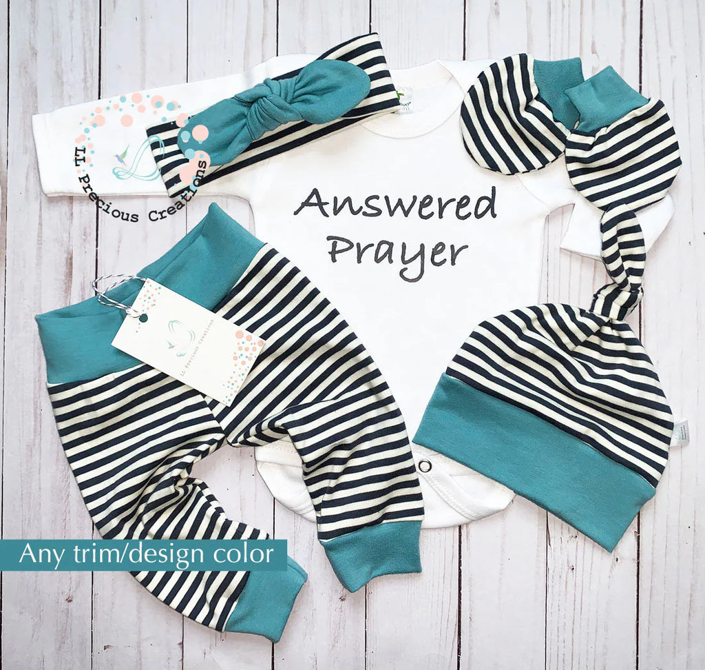 Gender Neutral Answered Prayer Charcoal Striped Outfit #llpreciouscreations #newbornbabyoutfit #answeredprayer #cominghomeoutfit #genderneutraloutfit #newbornbabyboy #babygift #shopsmall 