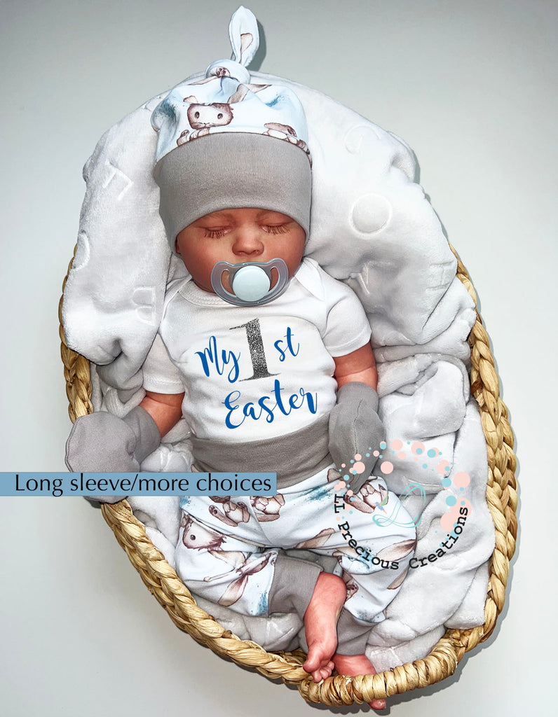 Happy Easter Baby Boy Outfit Set Blue Bunny Outfit Newborn Baby Outfit by LL Precious Creations #baby's1stEaster #happyEaster #Easterbabyboy #bluebunny #newbornbaby #newbornoutfit #Easterbaby #Easteroutfit #FirstEaster #babyoutfit #cominghomeoutfit #newbornbabygirl #newborbabyboy #unisexbabyoutfit #bunnyoutfit #Easter2025