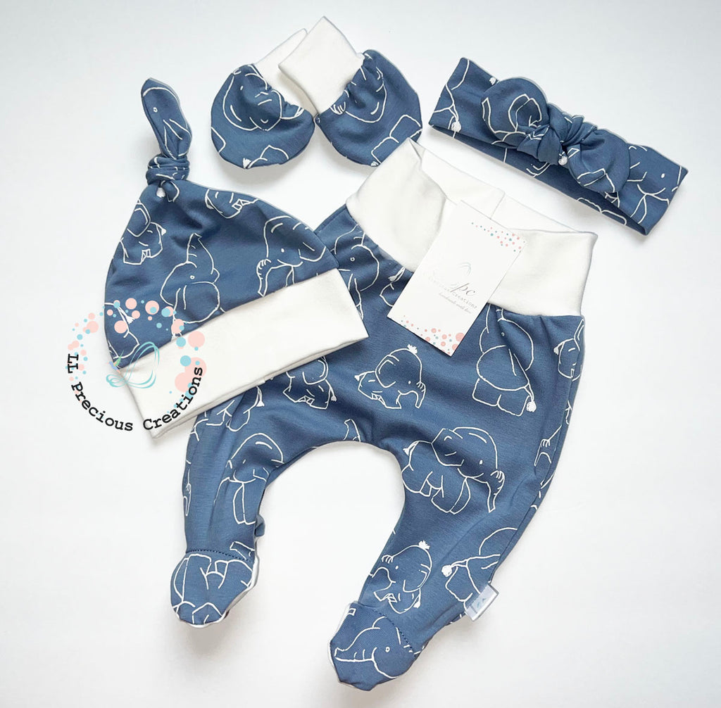 Dusty Blue Elephants Footed Leggings Hat Bow Outfit by LL Precious Creations #footedpants #babyfootsie #footedbabyleggings #genderneutraloutfit #babyoutfit #blueleggings #elephantblueleggings #babypants #newbornbabyoutfit #babygirloutfit #babyboyoutfit #babyboypants #babyleggings #babypants #cominghomeoutfit #newbornbabygirl #babygift #babyshowergift #llpreciouscreations