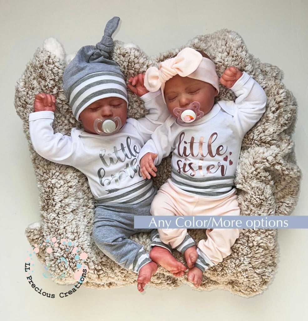 Twin Matching Coming Home Outfits Little Brother Little Sister LLPreciouscreations #llpreciouscreations #littlesister #littlebrother #twins #newborntwins #babyboyoutfit #babygirloutfit #cominghomeoutfit #personalizedoutfit #newborntwins #babygift #babyshowergift #hospitalbabyoutfit #handmade #boygirltwins #matchingbabyoutfits #siblingoutfits #babyclothes